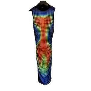 Horoscopez Dolls Kill Rainbow Dotted Print Mesh Sheer Bodycon Ruched Dress - XS